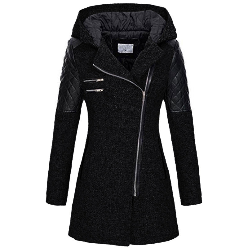Women's Mid-length Hooded Loose Oblique Zipper Woolen Blazers