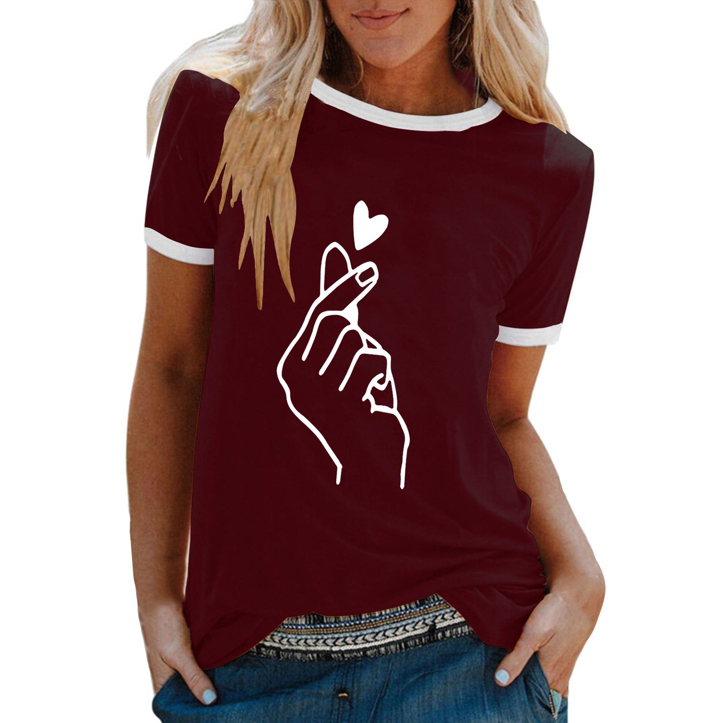 Women's Summer Shirt Finger Print Loose Round Neck Women's T-shirt