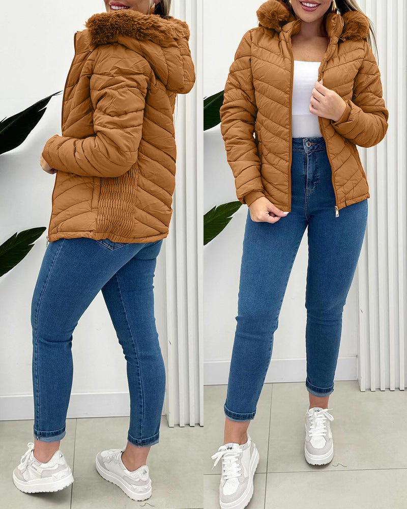 Color Waist Tight Hooded With Fur Blouses