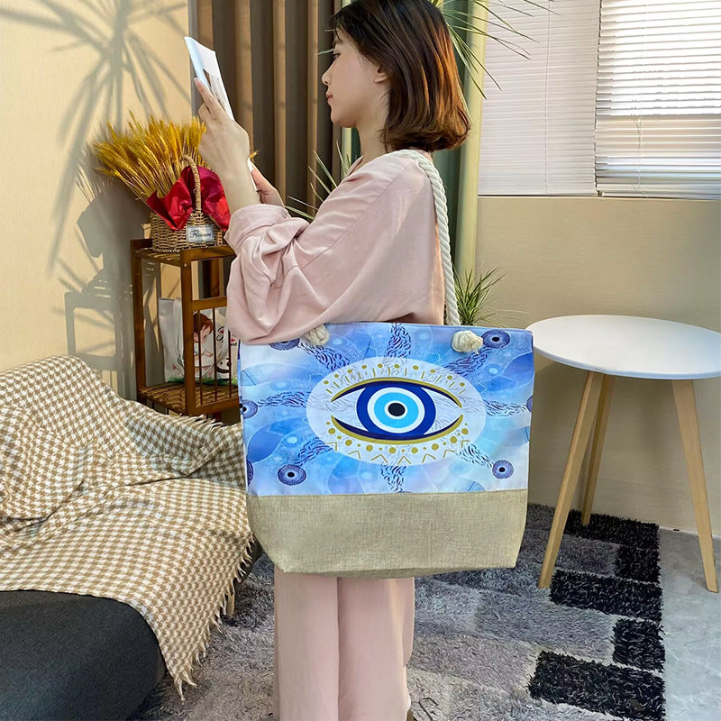 Women's Beach Thick Rope Shopping Evil Eye Stitching Bags