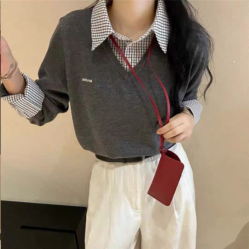 Women's Korean Style Commuter Two-piece Patchwork Shirt Knitwear