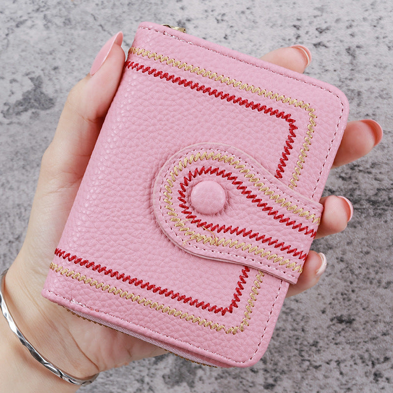 Women's Style Short Zipper Hasp Litchi Pattern Embroidered Solid Card Holder