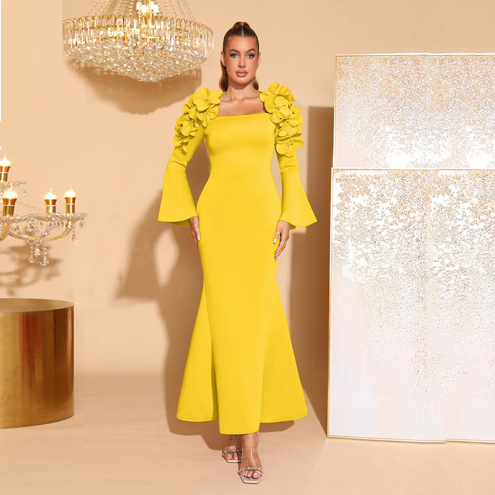 Design Stitching Three-dimensional Flower Dress Elegant Flared Dresses