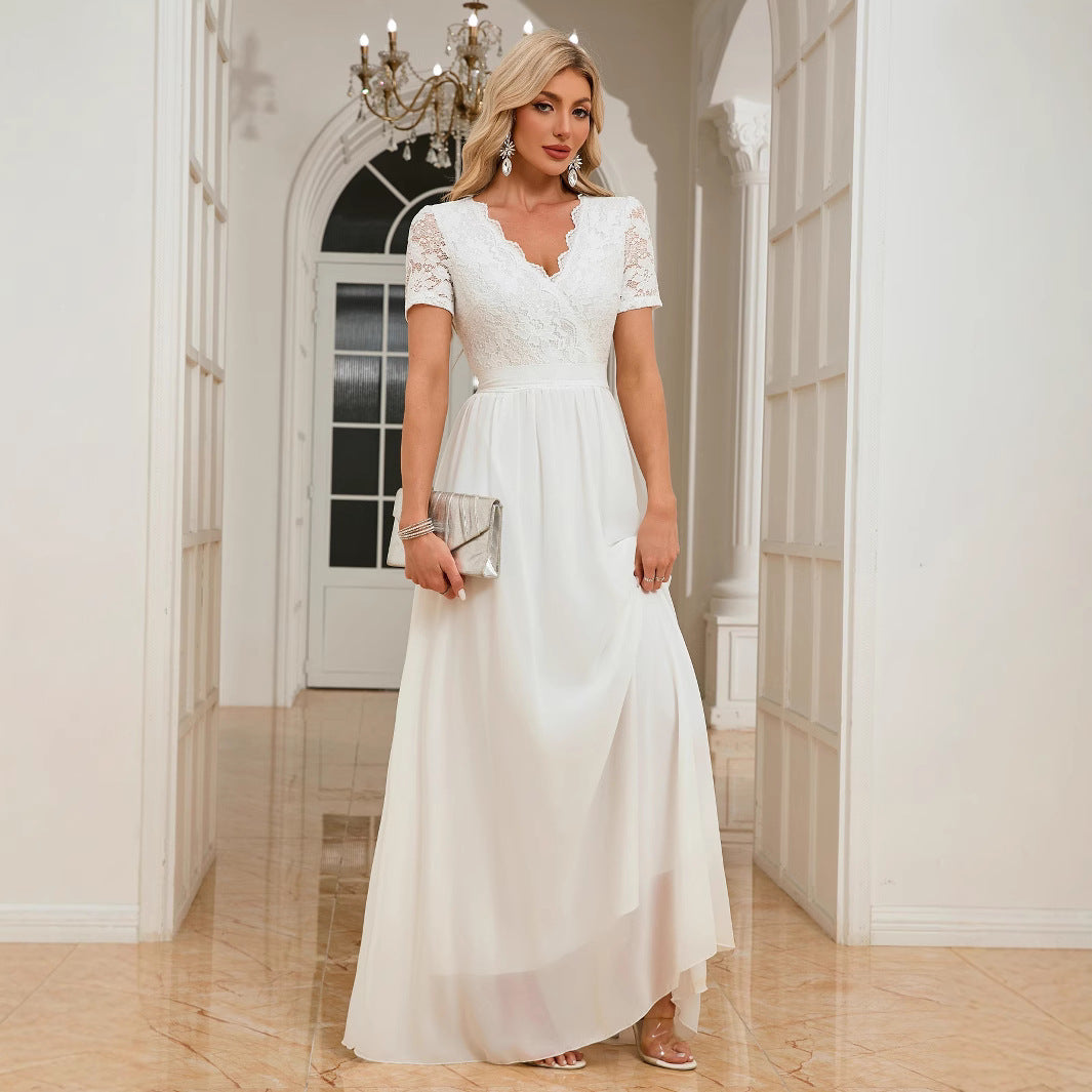 Trim Chiffon Patchwork Waist Long One-piece Wedding Dresses