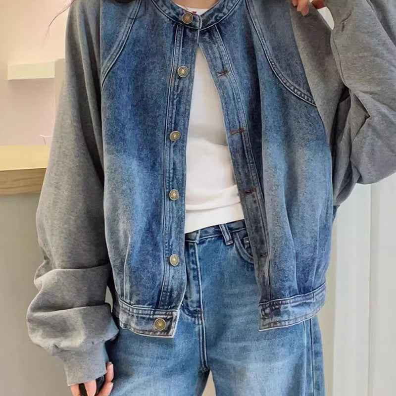 Two Pieces Patchwork Denim Loose Collarless Round Jackets