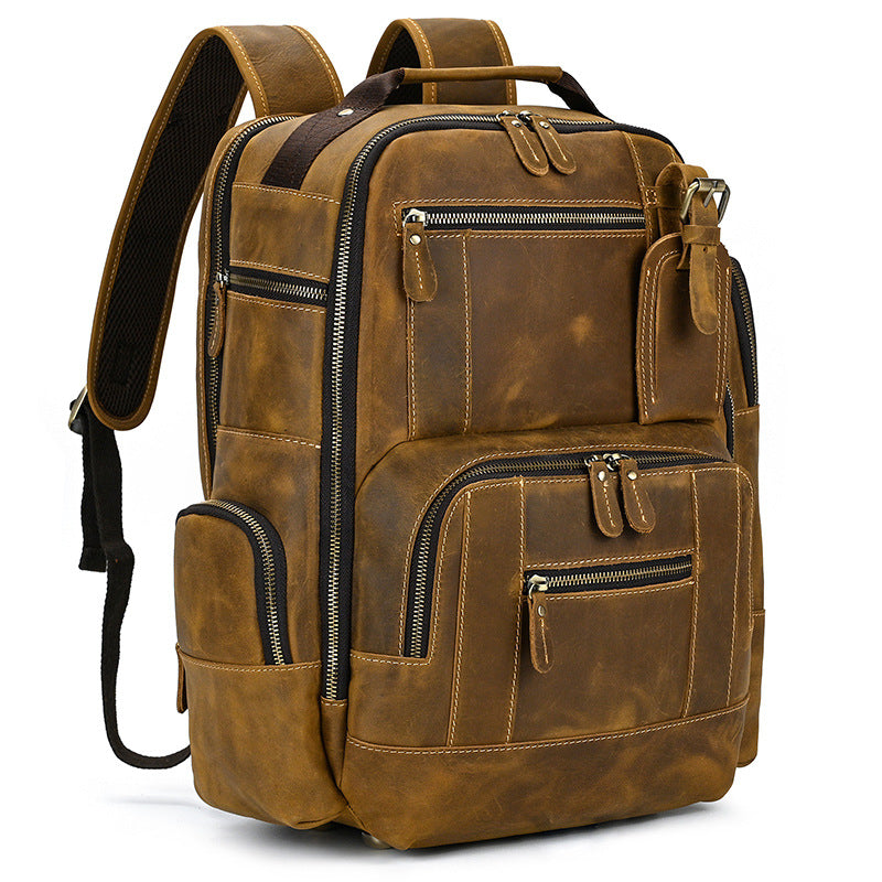 Men's Retro Crazy Horse Leather Cowhide Large Backpacks