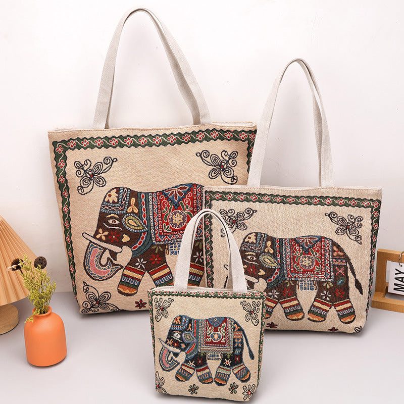 Silk Jacquard Embroidered Elephant Couple Tuition Tote Bags