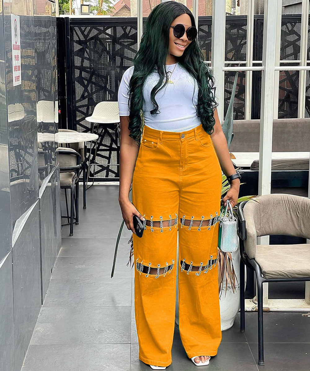 Women's Waist Stitching Casual Hole Nail Chain Jeans