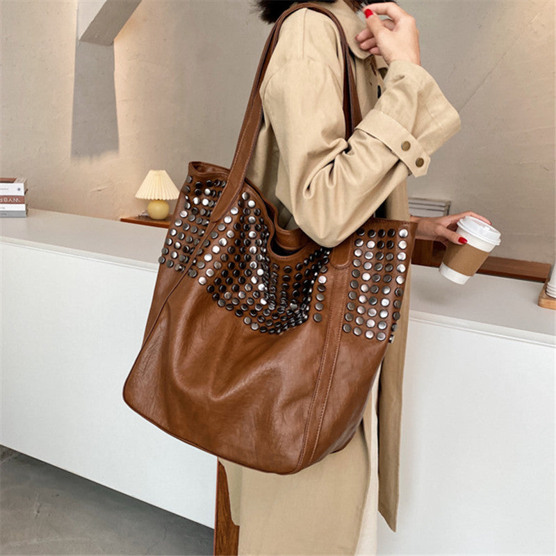 Women's Fashion Rivet Large Capacity Shopping Portable Shoulder Bags