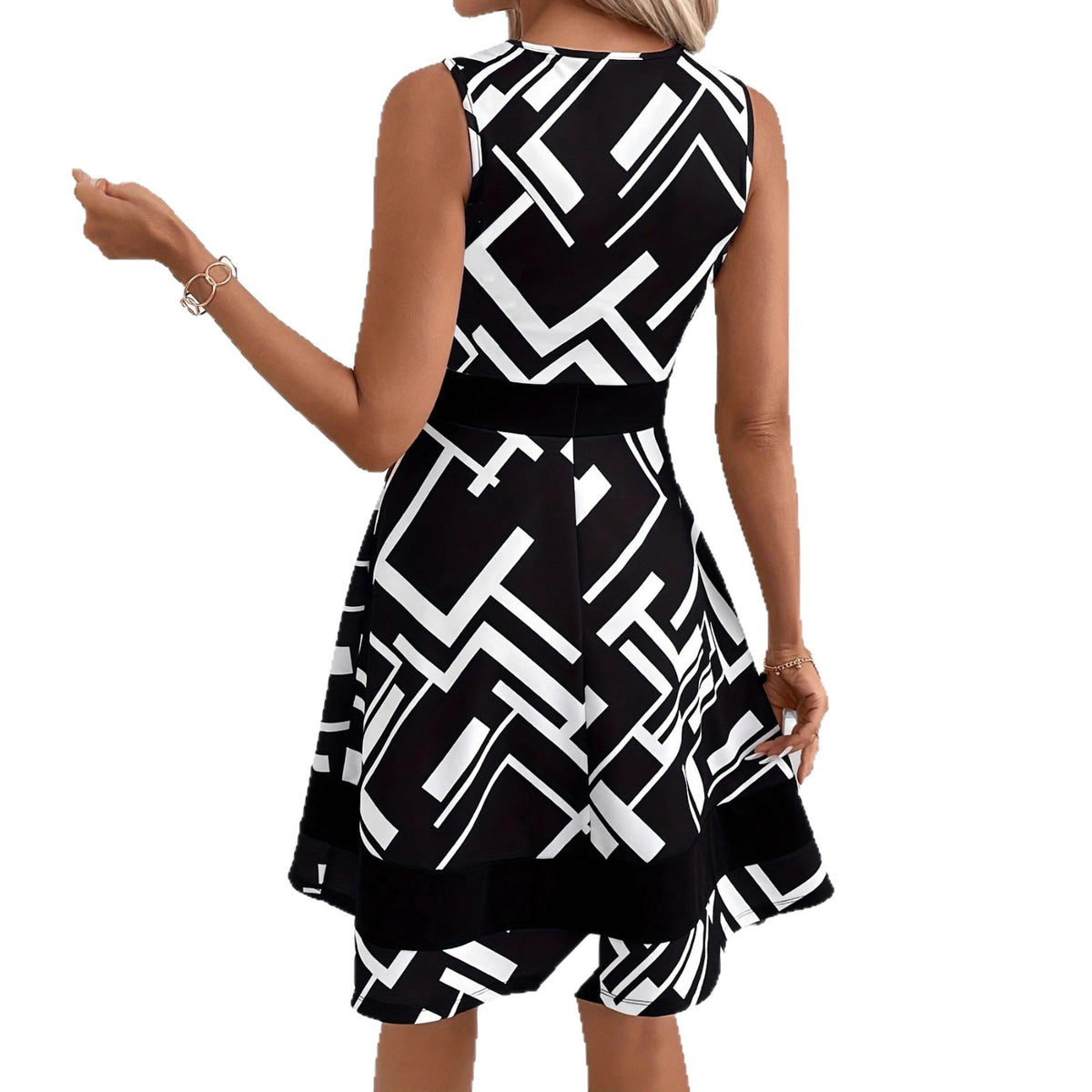 Women's Source Elegant Series Round Neck Sleeveless Striped Beautiful Contrast Color Dress