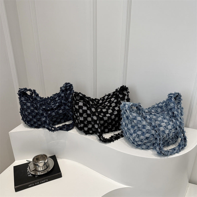 Mori Style Denim Niche Chessboard Fashion Shoulder Bags