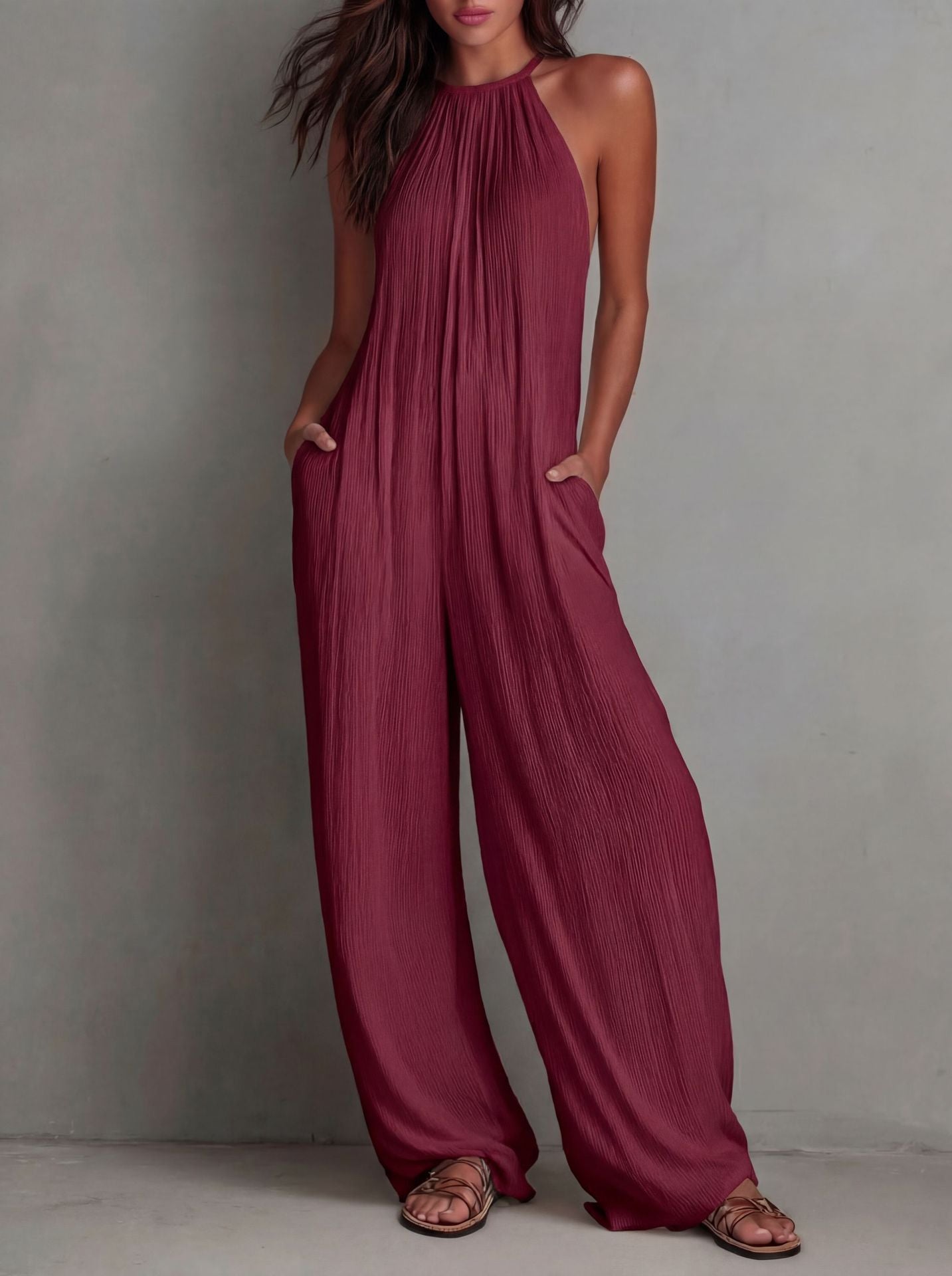 Women's Halter Sleeveless Vacation Style White Pleated Women's Jumpsuit/clothing
