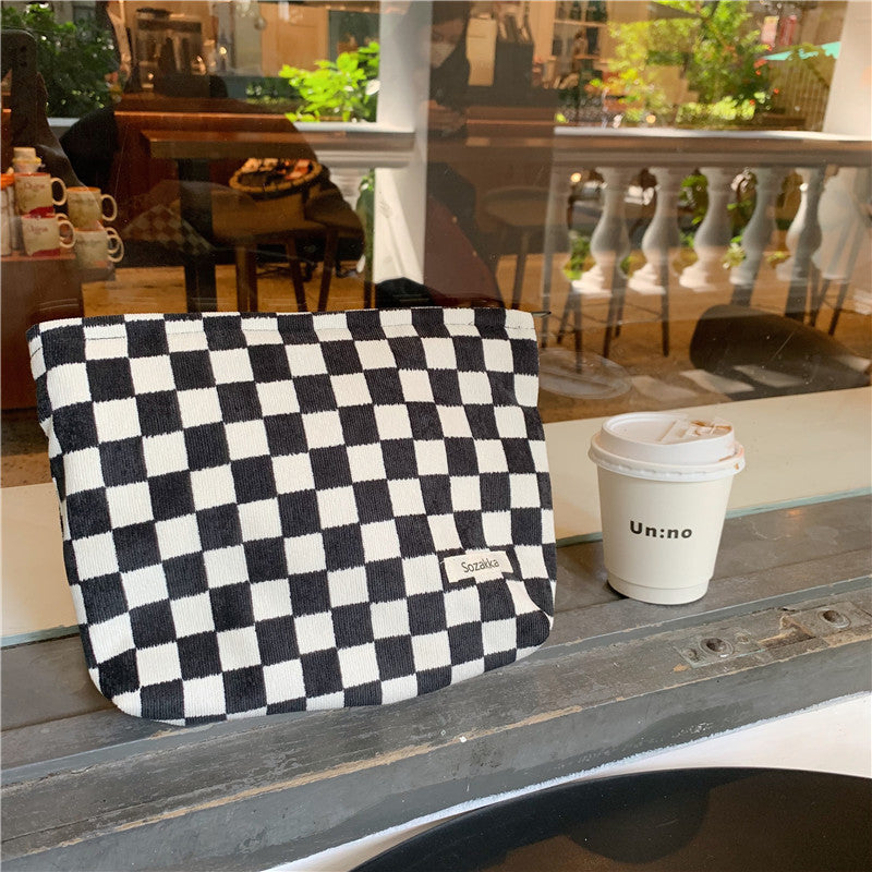 Women's Corduroy Chessboard Plaid Clutch Portable Wash Handbags