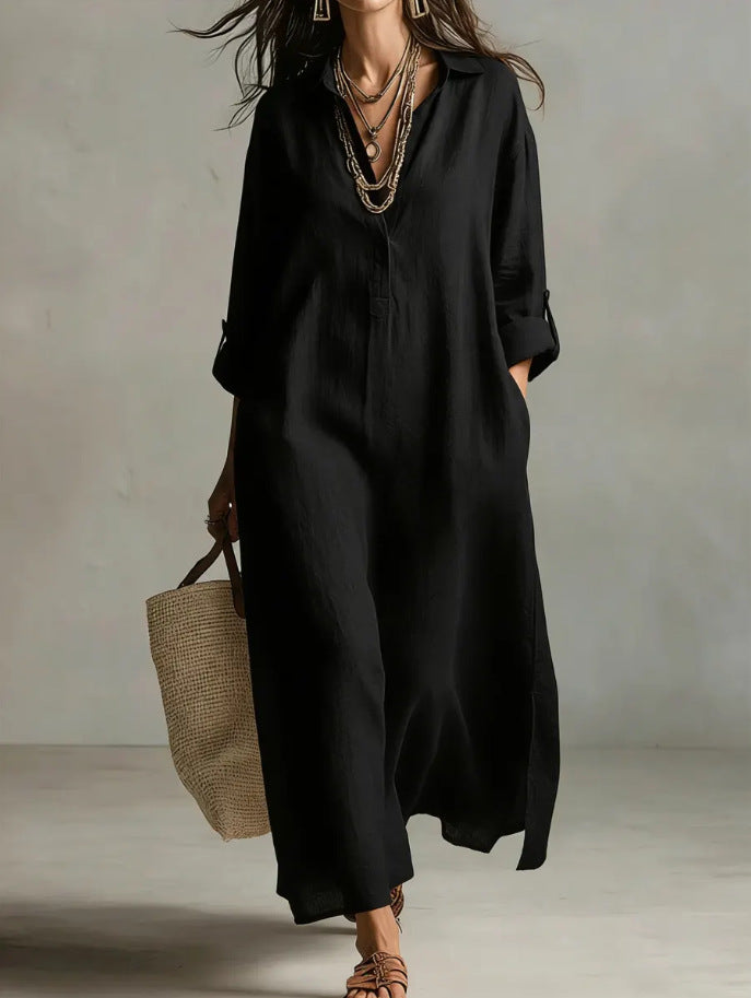 Cotton Linen Dress Solid Color Polo Collar Long Sleeve Fashion Casual Suit