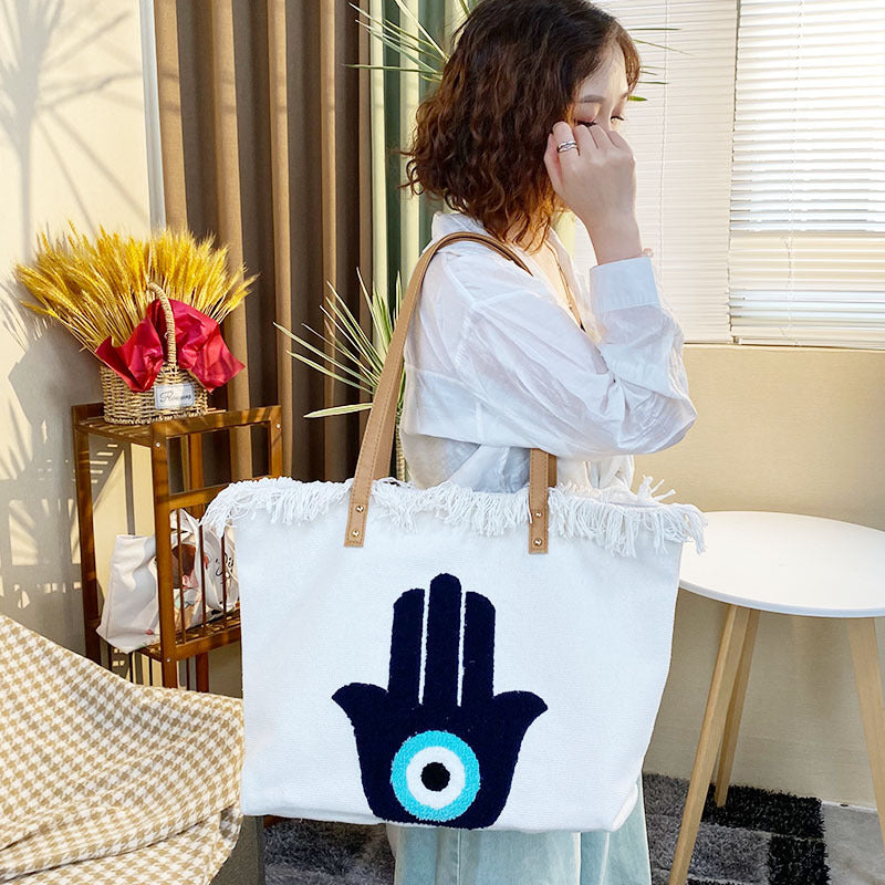 Towel Embroidery Tassel Canvas Large Capacity Tote Bags