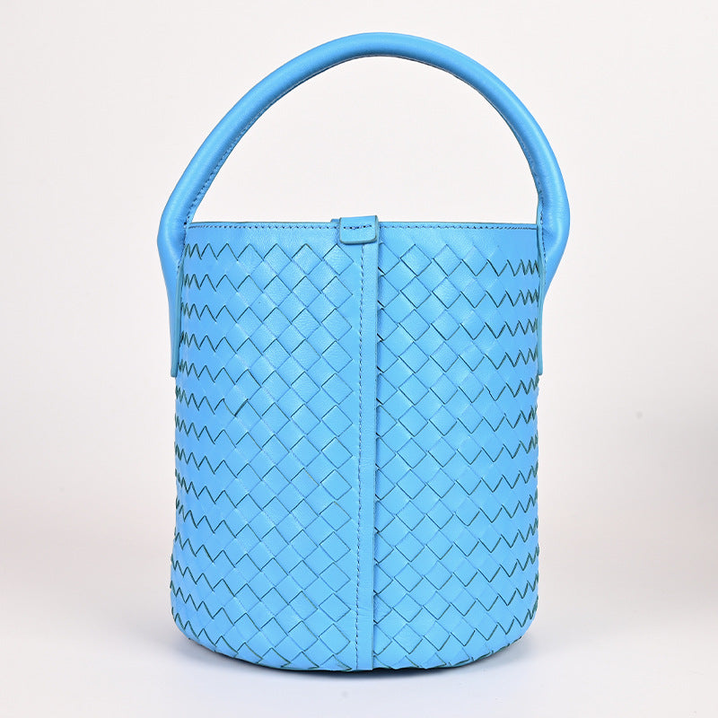 Woven Genuine Leather Vegetable Basket Commuter Bucket Bags