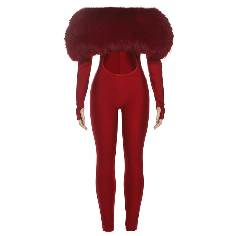Women's Furry Stitching Sexy Long Sleeve Jumpsuits
