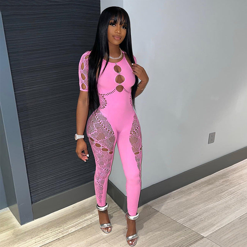 Women's Sleeve Sexy Nylon High Elastic Drilling Slim Jumpsuits