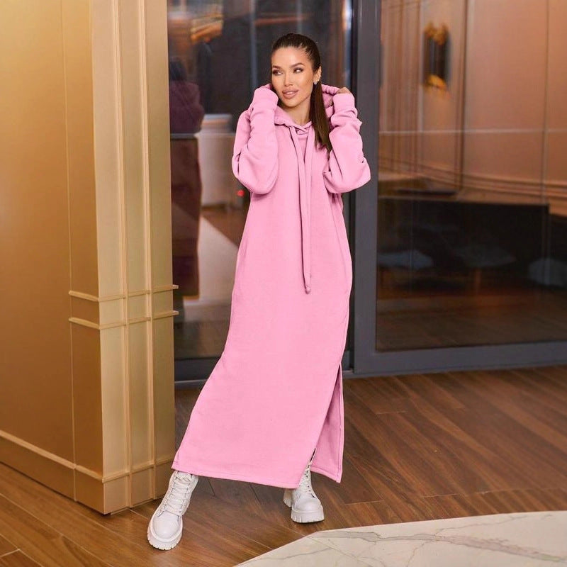 Loose Oversized Knit Brushed Hoody Long Dress