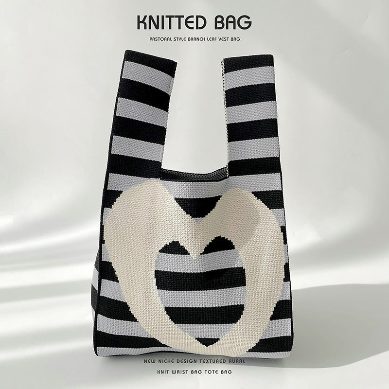 Design Striped Heart Knitted Versatile Large Shoulder Bags