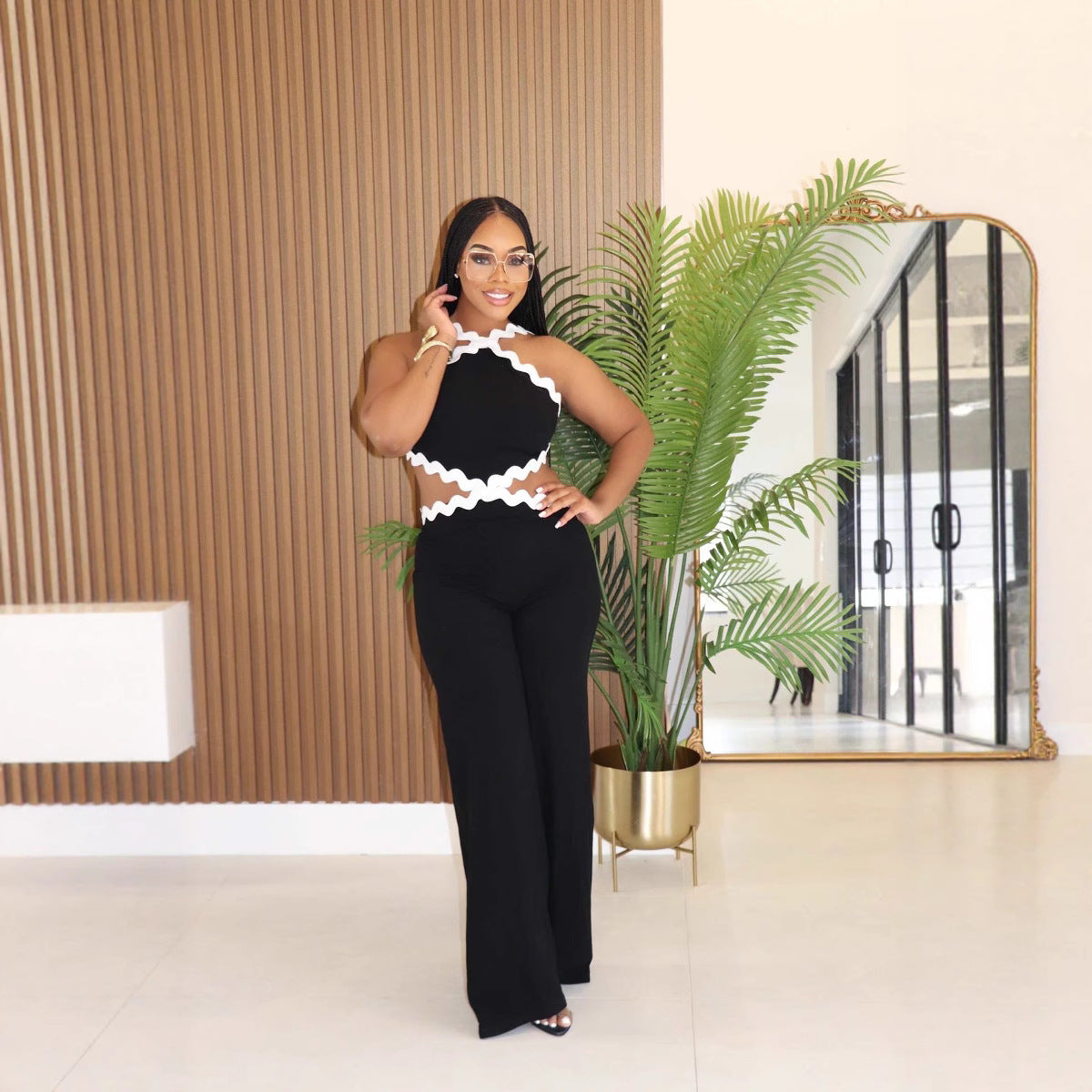 Women's Personalized Wave Line Stitching Sleeveless Jumpsuits