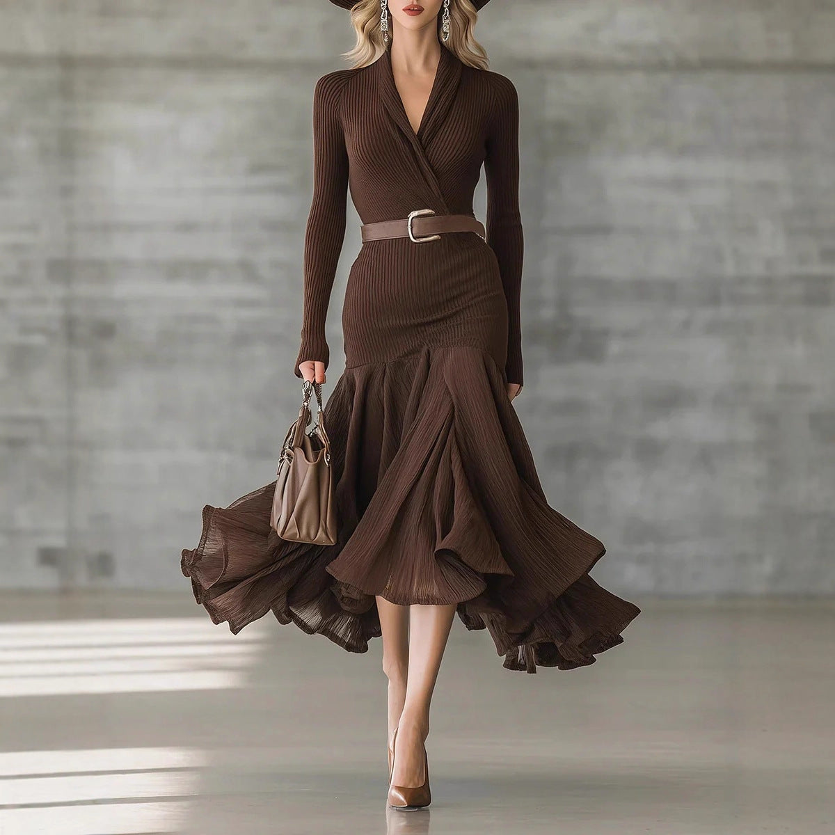 Women's Autumn Solid Color Stitching Dress Long Dresses