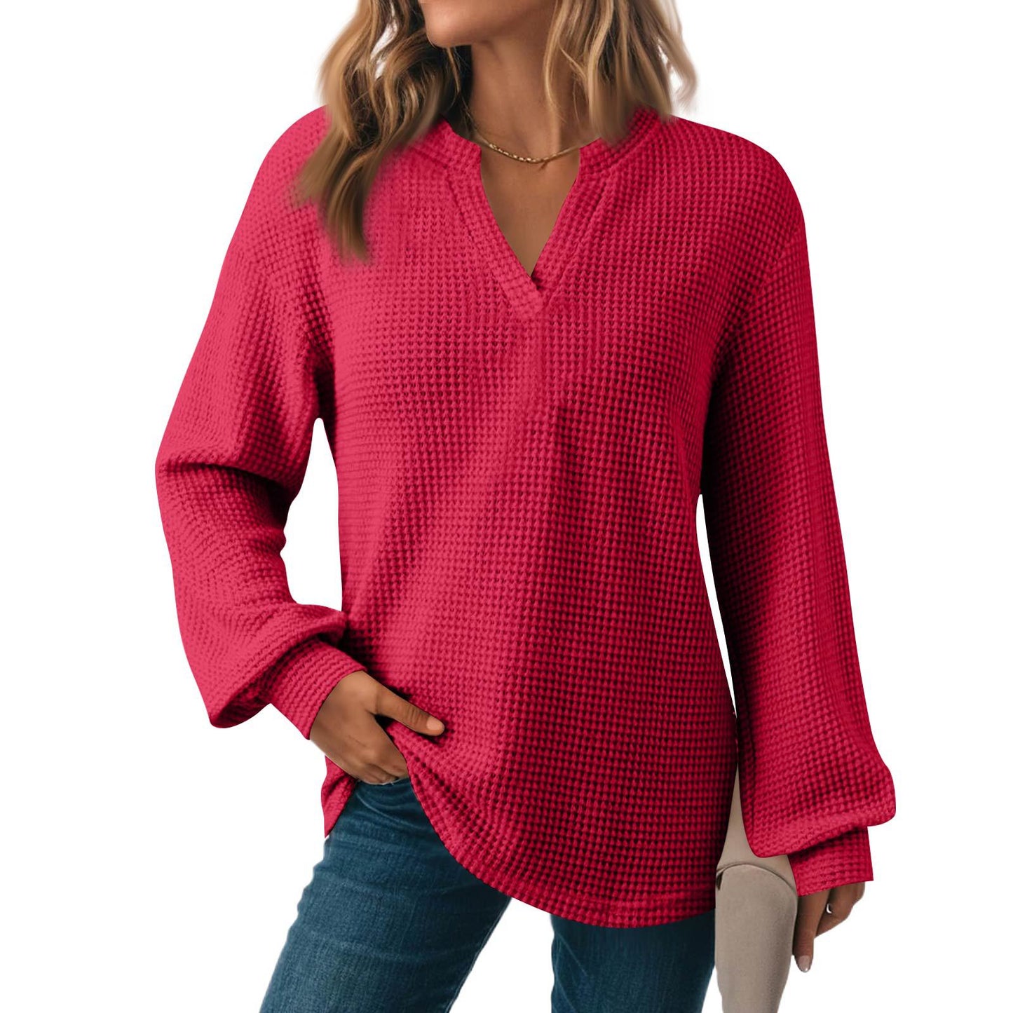 Women's Solid Color Waffle Loose Long Sleeve Women's Sweater, Sweater
