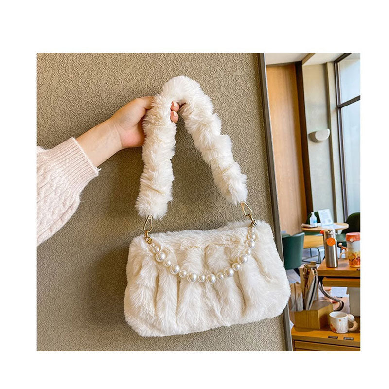 Women's Pearl Design Pleated Plush Fashion Underarm Shoulder Bags