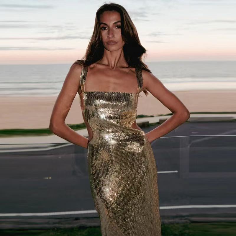 Women's Casual Halter Sequined Long Dress Dresses