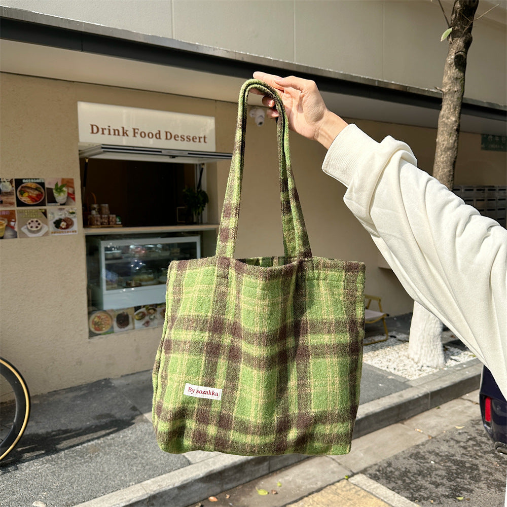 Women's Large Capacity Vintage Woolen Plaid Portable Shoulder Bags