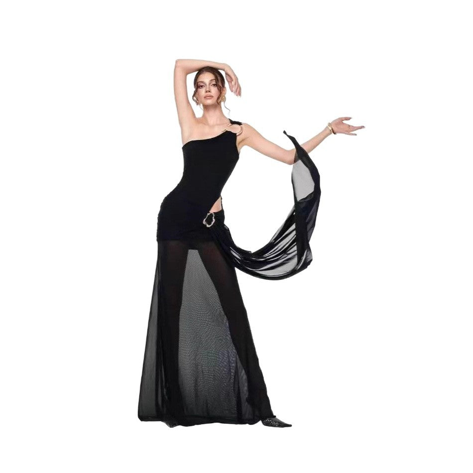 High-grade Black Lightly Mature Hot Cinched Expensive Beautiful Mesh Dresses