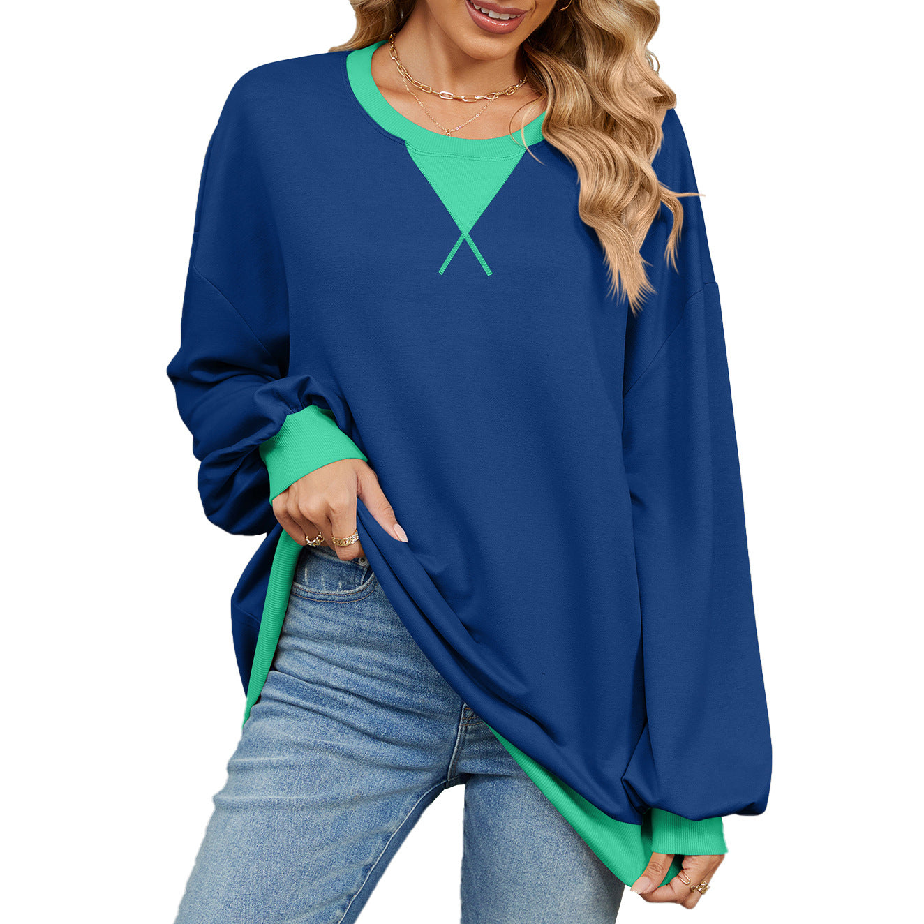 Women's Contrast Color Round Neck Loose Long Women's Sweater, Sweater
