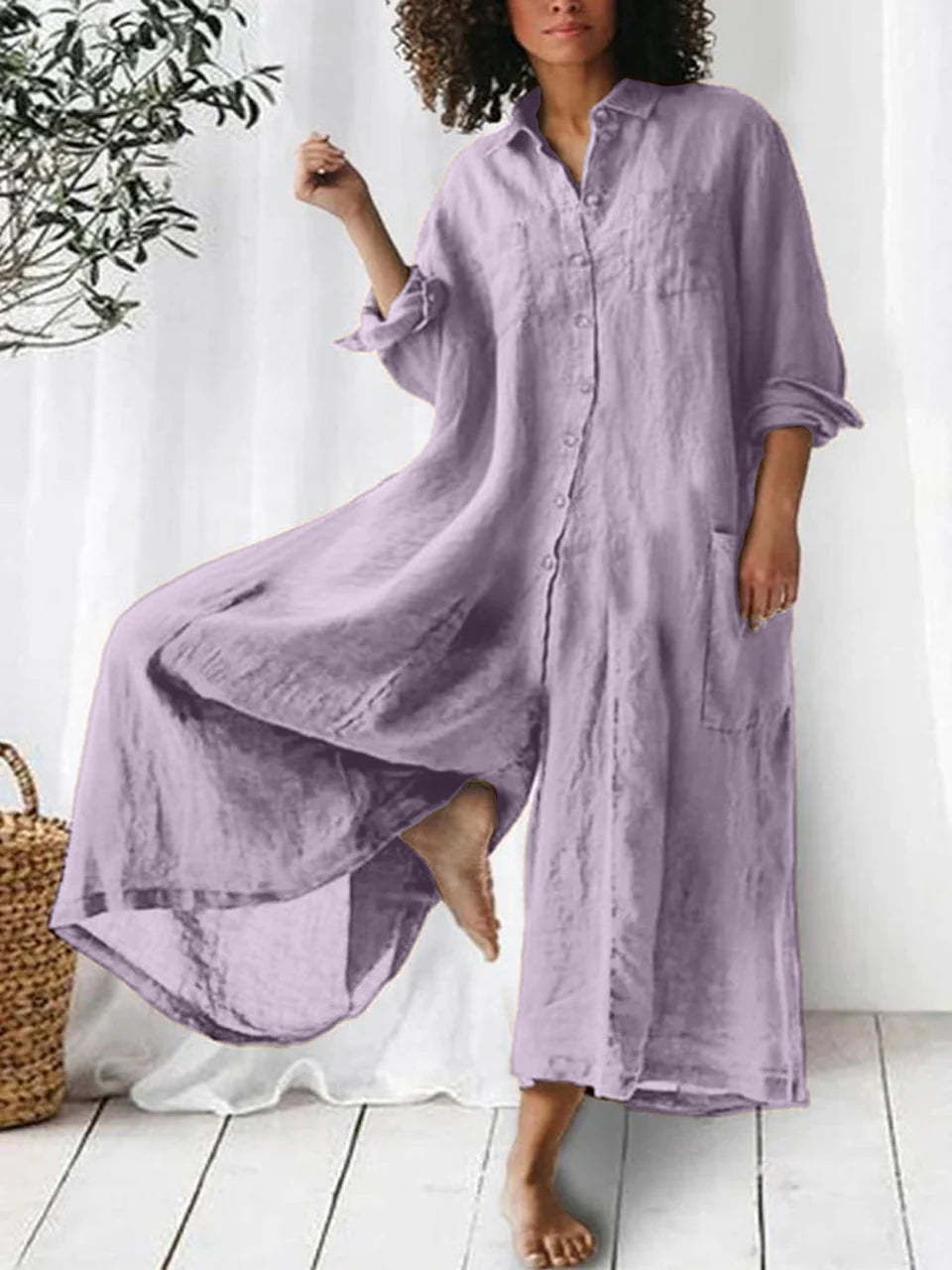 Women's Color Casual Long Sleeves Mid-length Cotton Jumpsuits