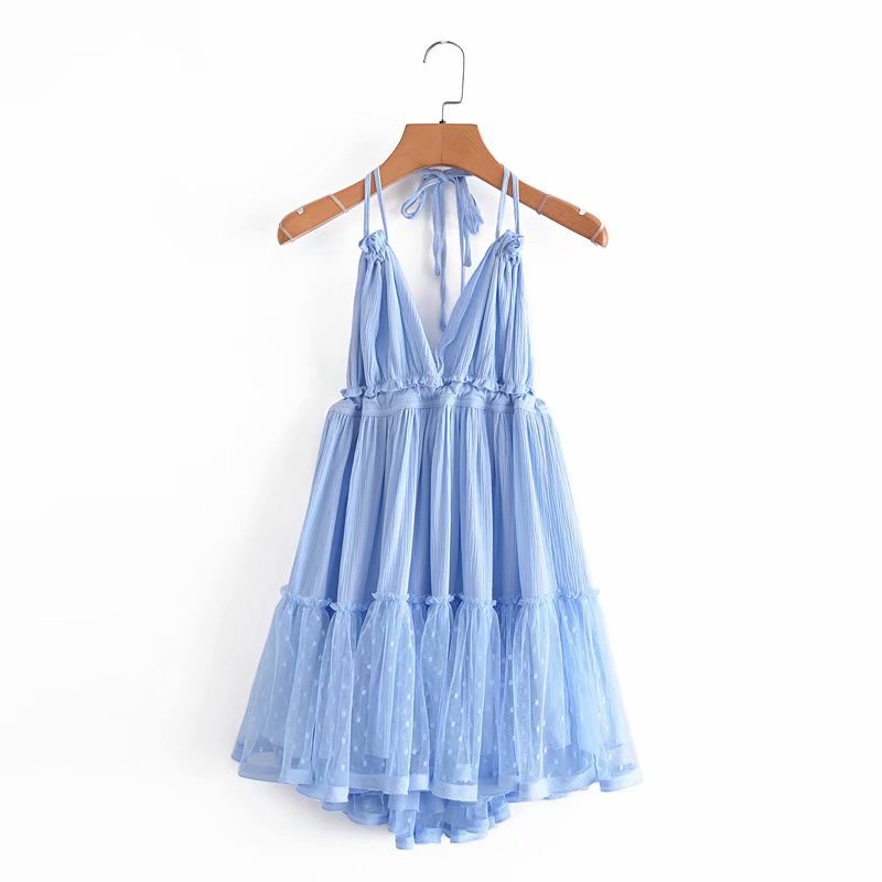 Stitching Deep V Sexy Backless Halter Dresses