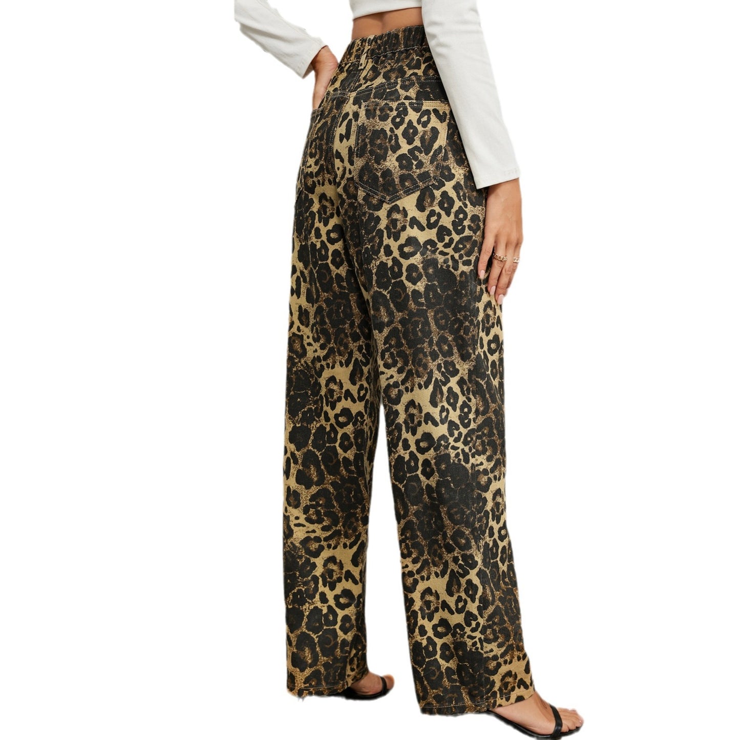 Women's Autumn Washed Wild Leopard Denim Trousers Women's Jeans