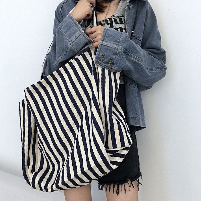Women's Trendy Vintage Stripe Shopping Large Capacity Tote Bags