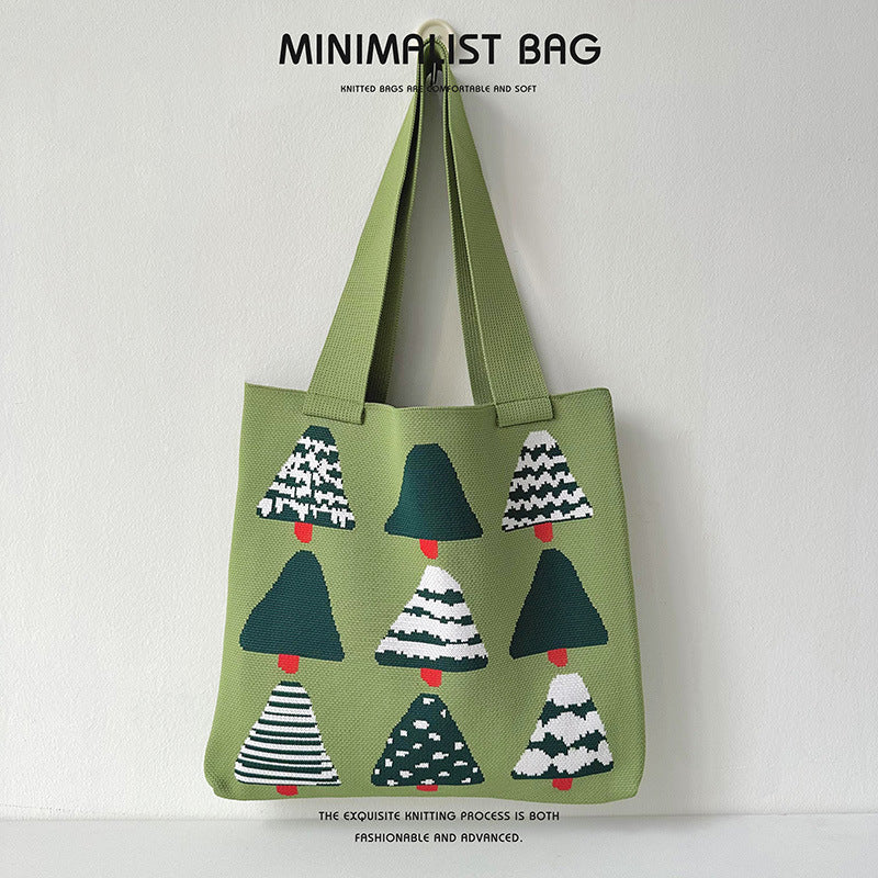 Women's Cartoon Christmas Tree Knitted Versatile Large Shoulder Bags