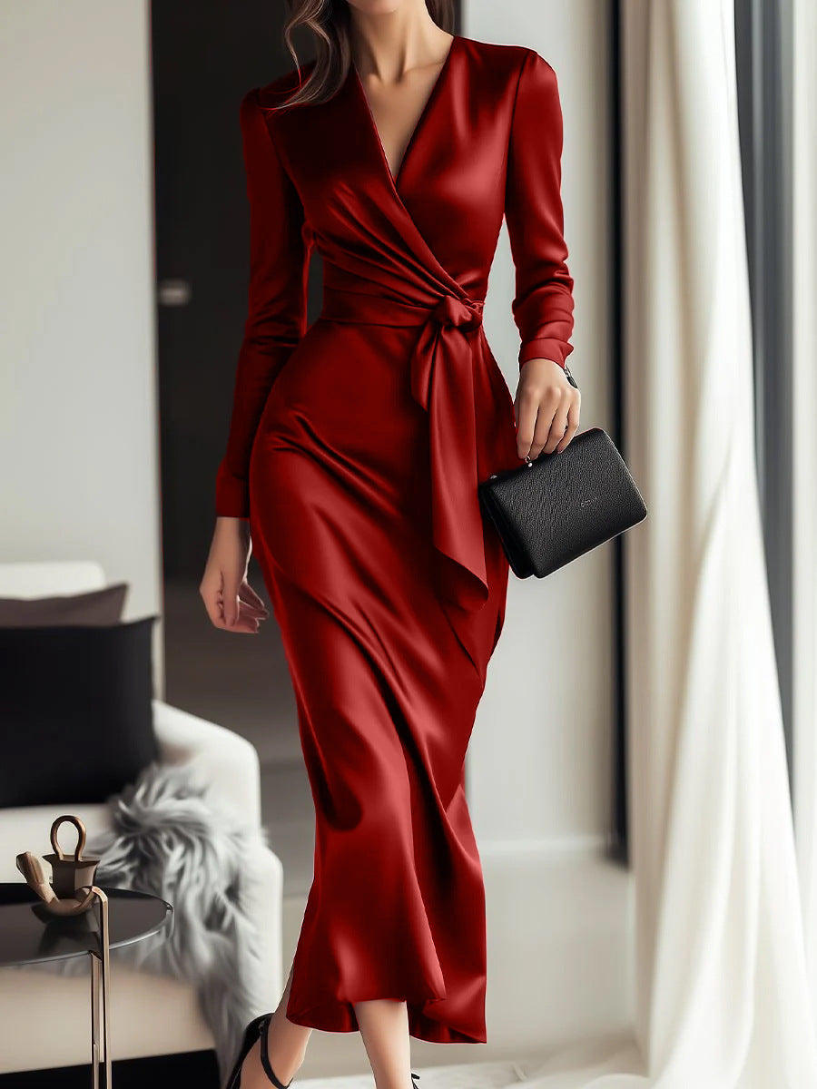 Women's Temperament Long Dress Hepburn Style Satin Dresses