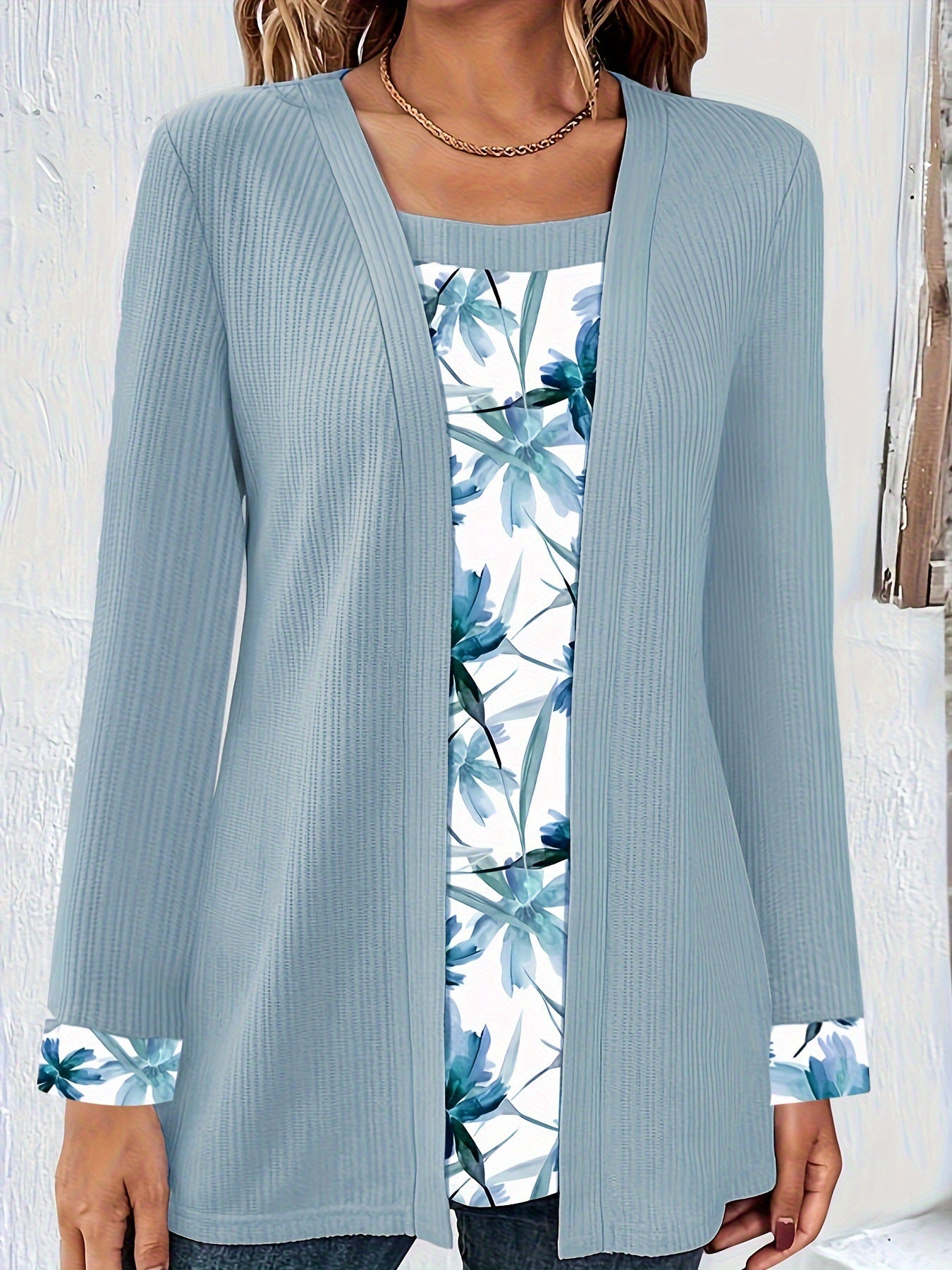 Women's Solid Color Printing Stitching Faux Two-piece Set Women's T-shirt