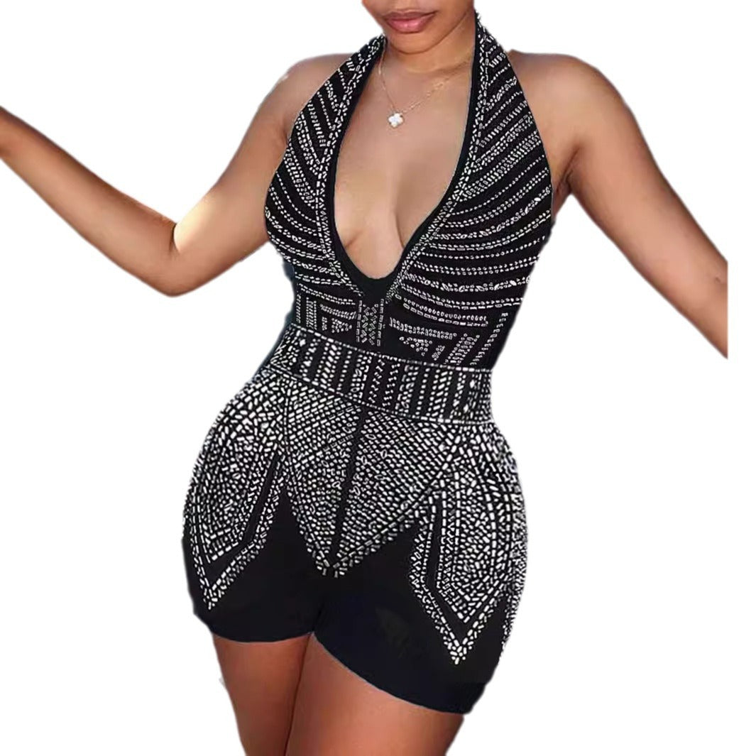Casual Durable Rhinestone Deep Backless Halter Jumpsuits