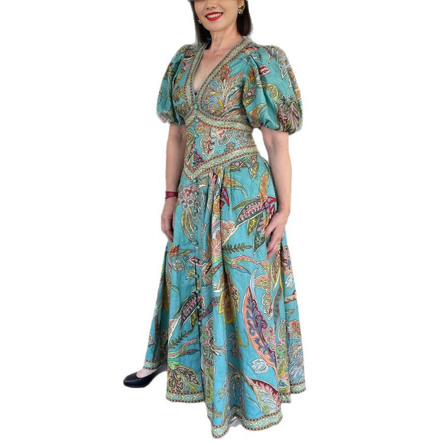 Women's Printed Lantern Sleeve Dress Casual Loose Dresses