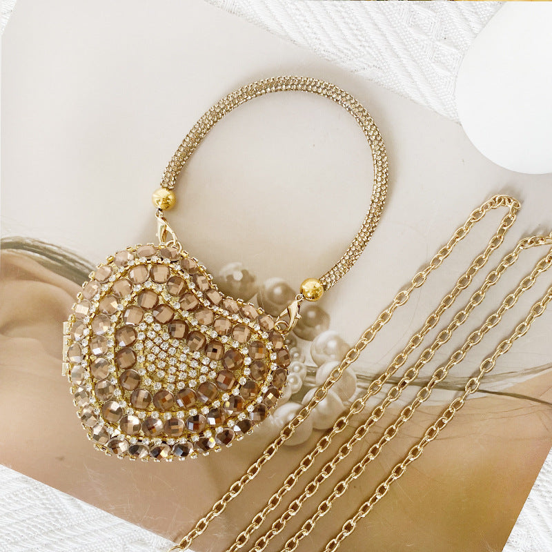 Peach Heart Chain Diamond Glass Stone Evening Bags