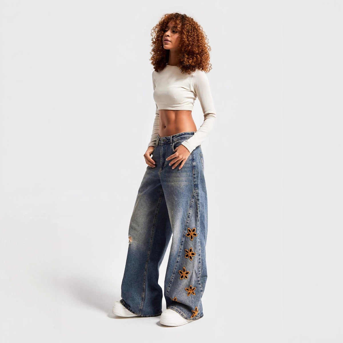 Women's High Waist Loose Embroidered Fashionable Denim Women's Jeans