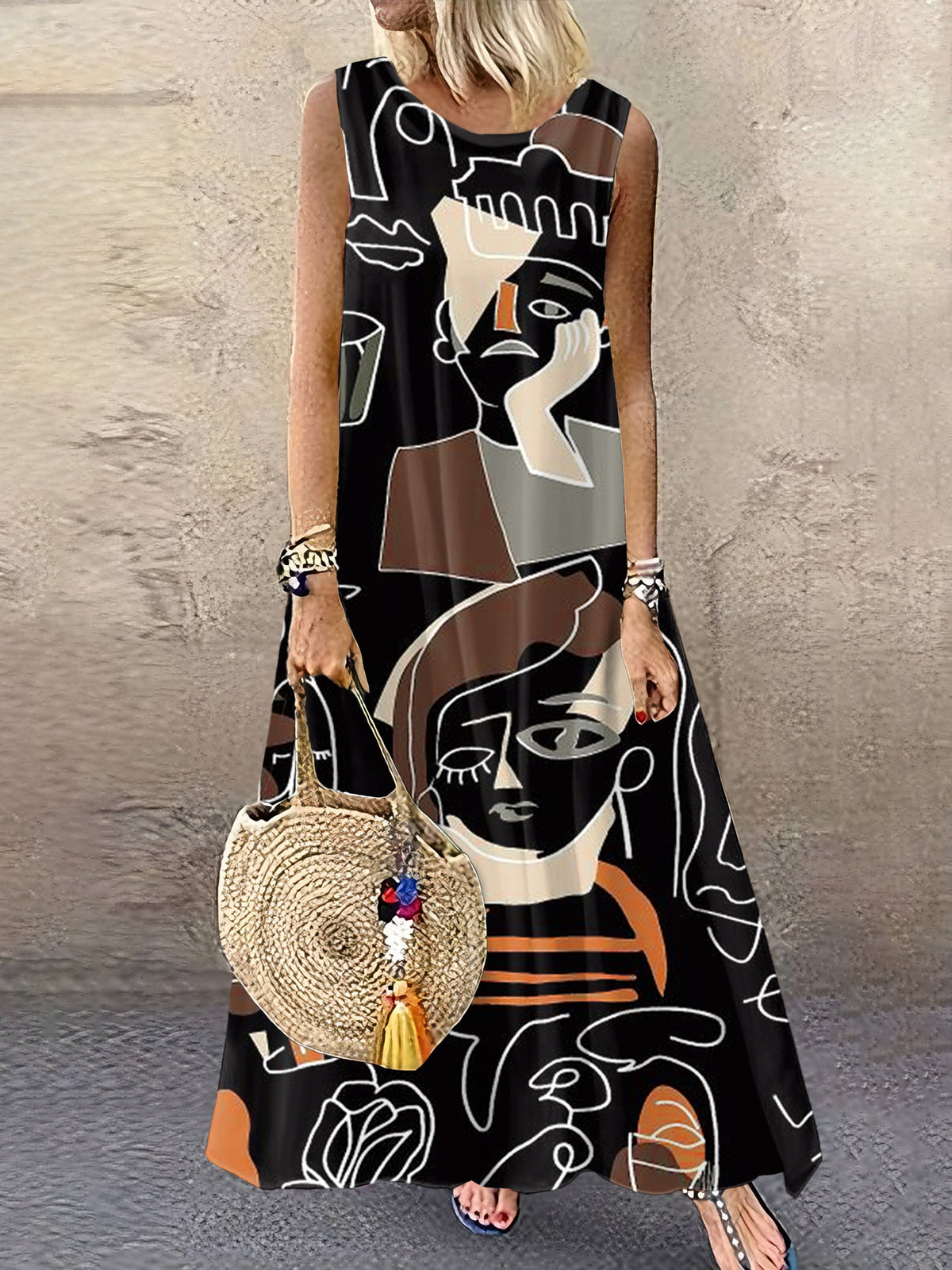 Women's Round Neck Printed Sleeveless Large Long Dress