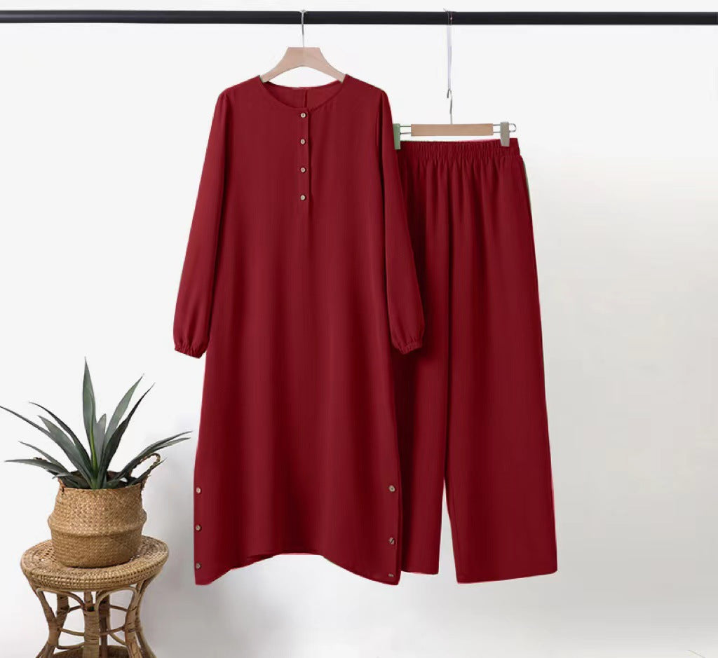 Women's Color Long Sleeve Side Seam Decoration Wooden Buckle Elastic Waist Suits
