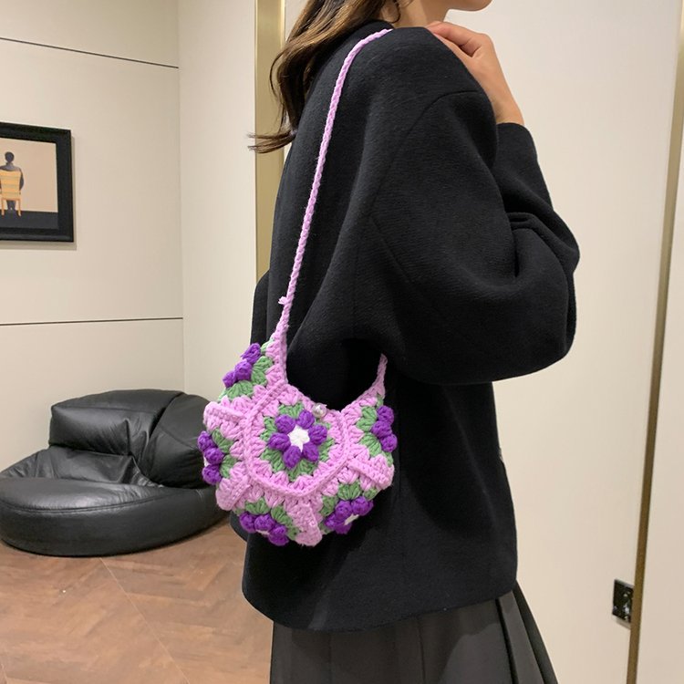 Women's Finished Handmade Crocheted Grandmother Plaid Flower Bags
