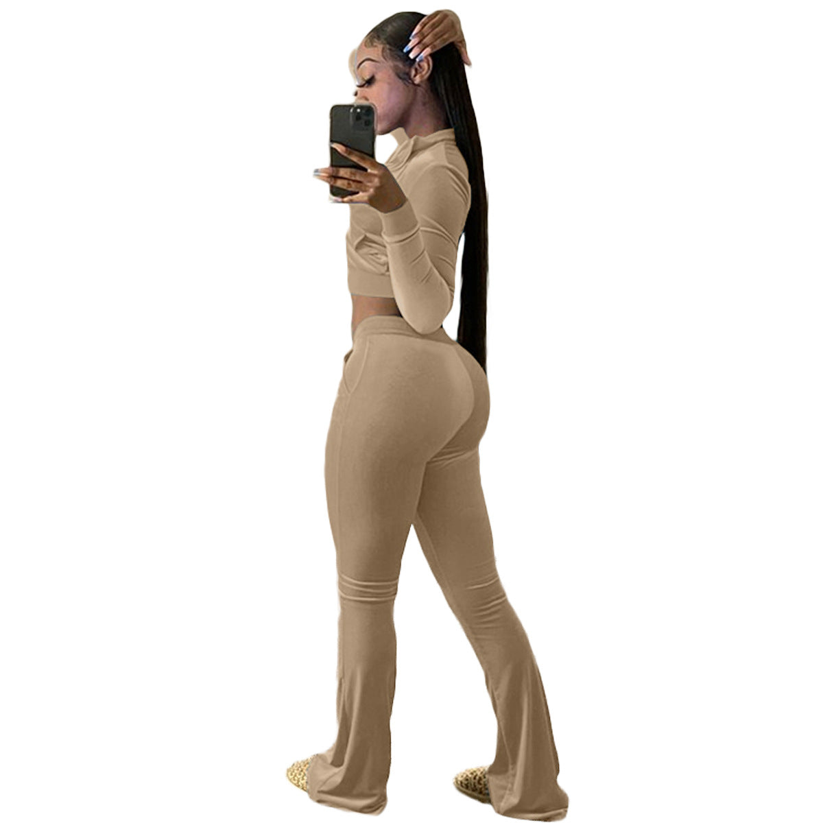Women's Fashion Veet Solid Color Long Sleeve Bell-bottom Suits