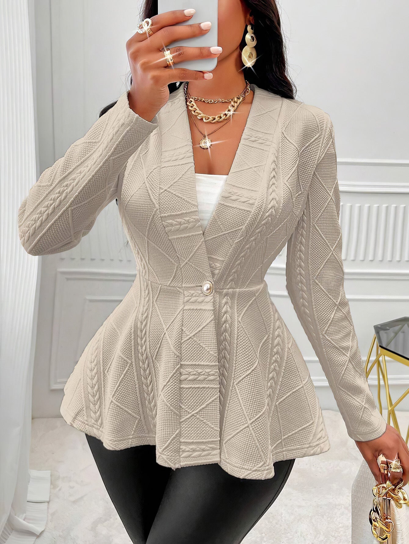 Women's Pure Color Thickened One Button Jacquard Small Suit