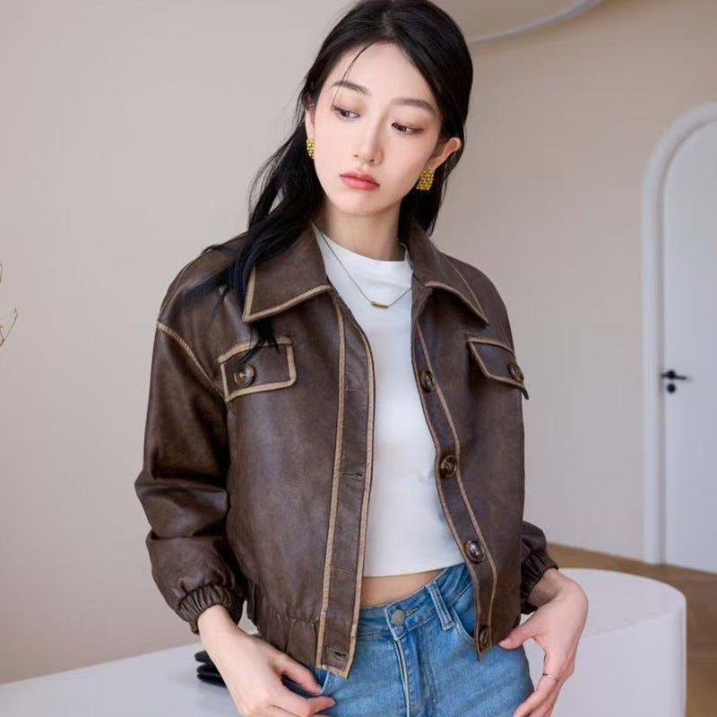 Women's Retro Distressed Leather Elegant Motorcycle Lapel Jackets