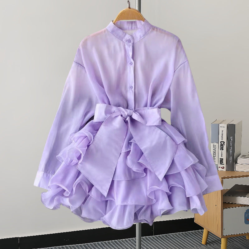 Pure Color Ruffles Long-sleeved Shirt Niche Dresses